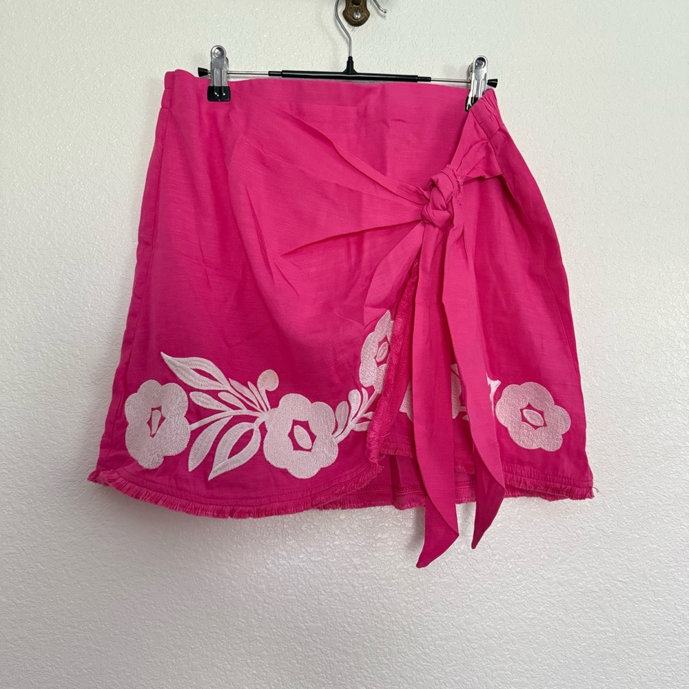 J Marie Adriana Floral Embroidered Tie Front Skirt Pink White Medium